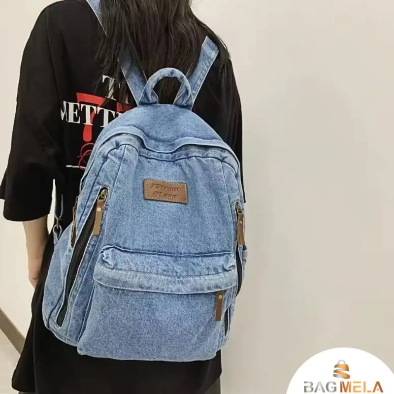 RH-129 Sky Blue Large Capacity Denim Backpack - Image 4
